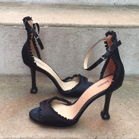 Leon Max Shoes - Leon Max (8M) Black Satin Ruffle Ankle Strap Flared Stiletto Formal Sandals
